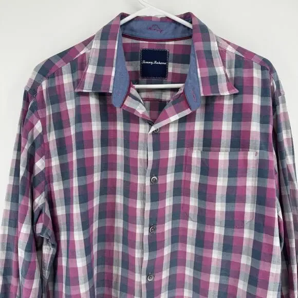 Tommy Bahama Stretch Long Sleeve Button Up Shirt Mens Large Fuchsia Blue Plaid - Picture 2 of 8